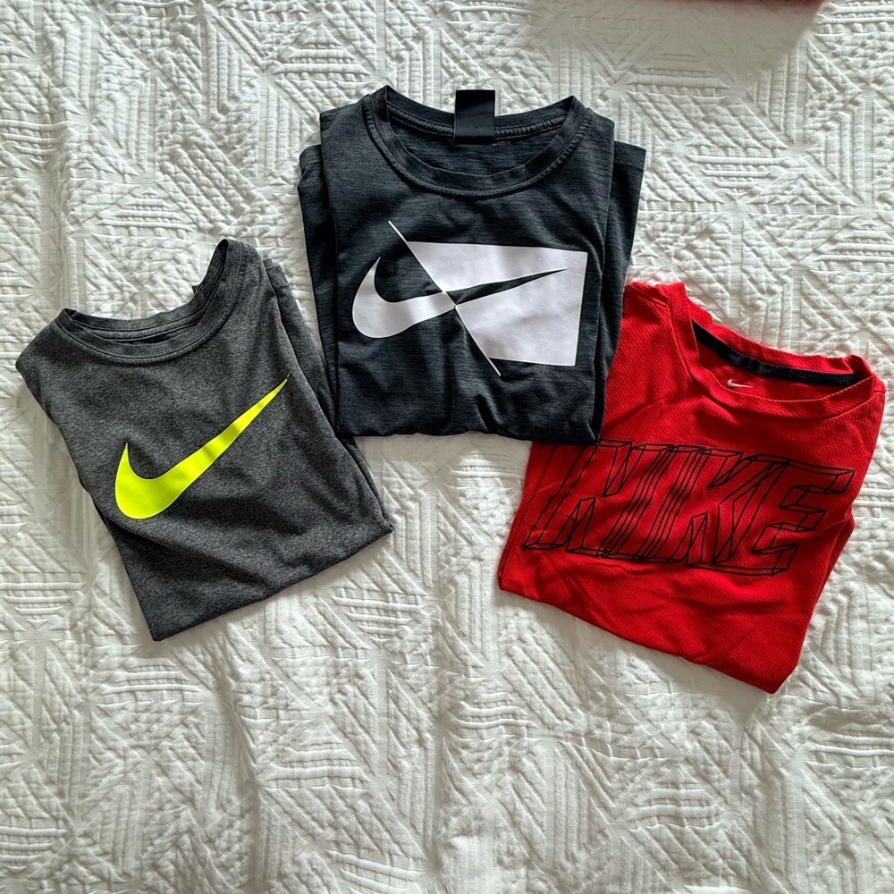 Lot of 3 Nike Kids Medium Short Sleeve Dri-fit Tees - Charcoal, Gray & Red